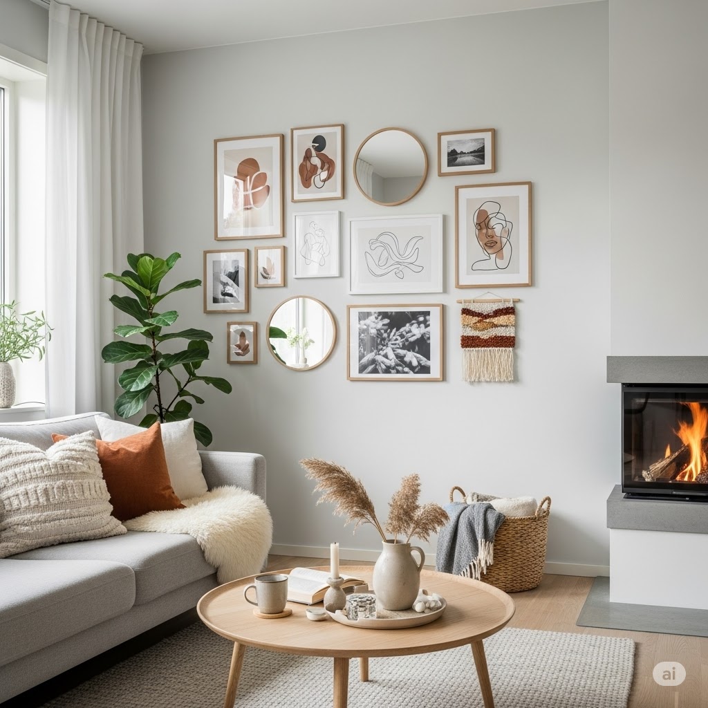 Frapery silver picture frames arranged in an elegant gallery wall display in a modern living room